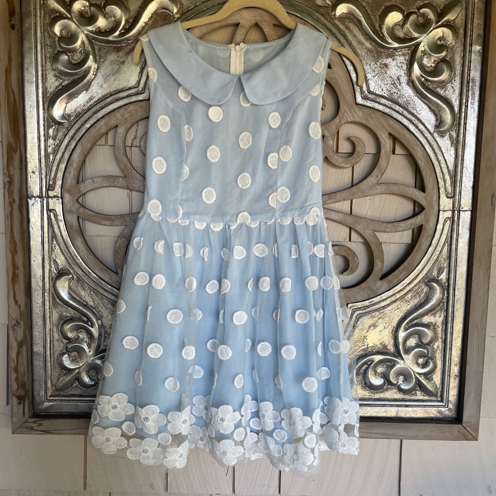 Girls light blue tulle dress with embroidered white dots